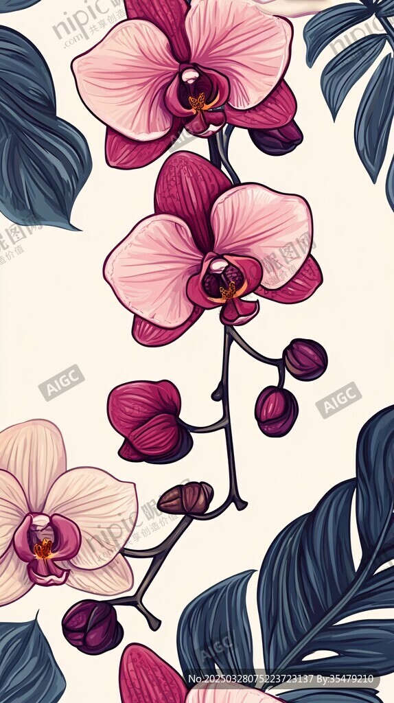 粉色兰花与绿叶花卉图案