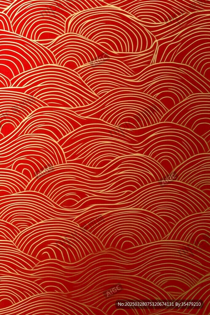 红底金纹海浪中式传统图案