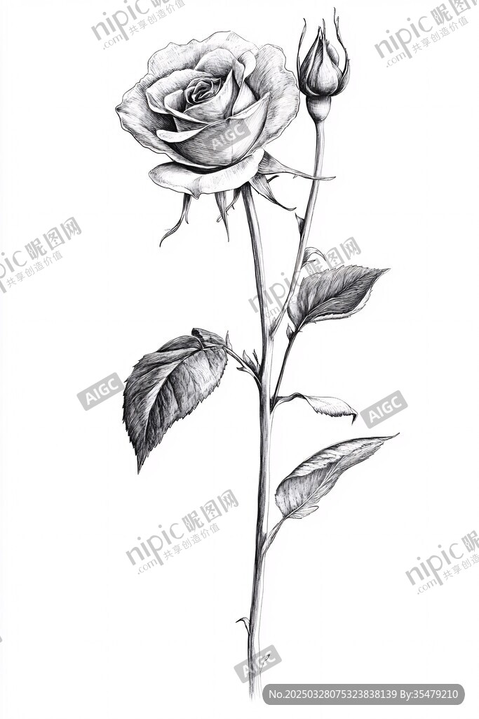 黑白素描单枝玫瑰花