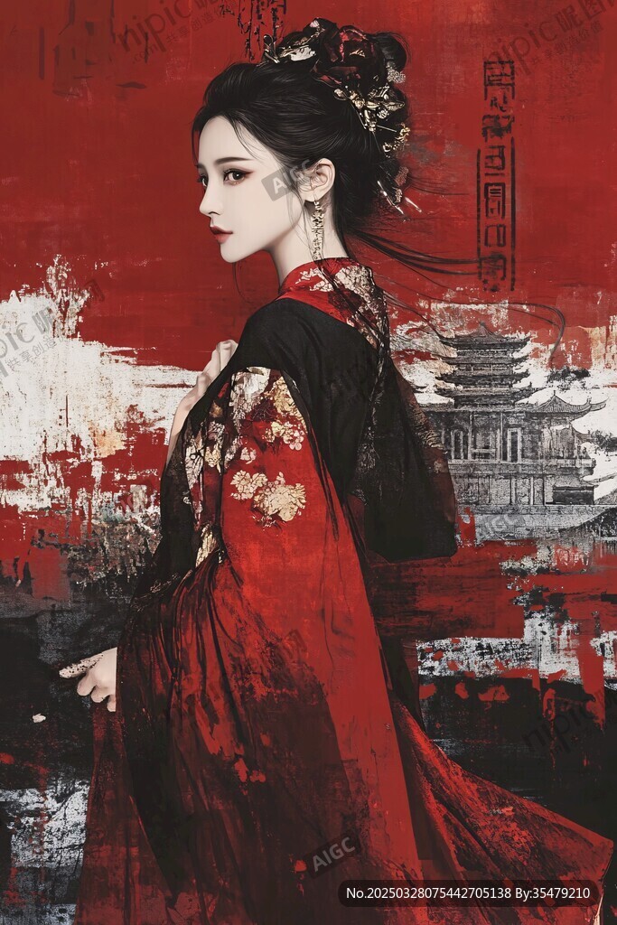 红衣汉服佳人古韵风姿
