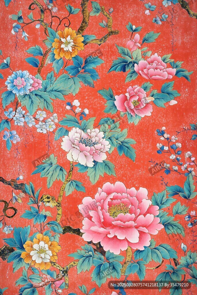 中式红底花卉传统图案