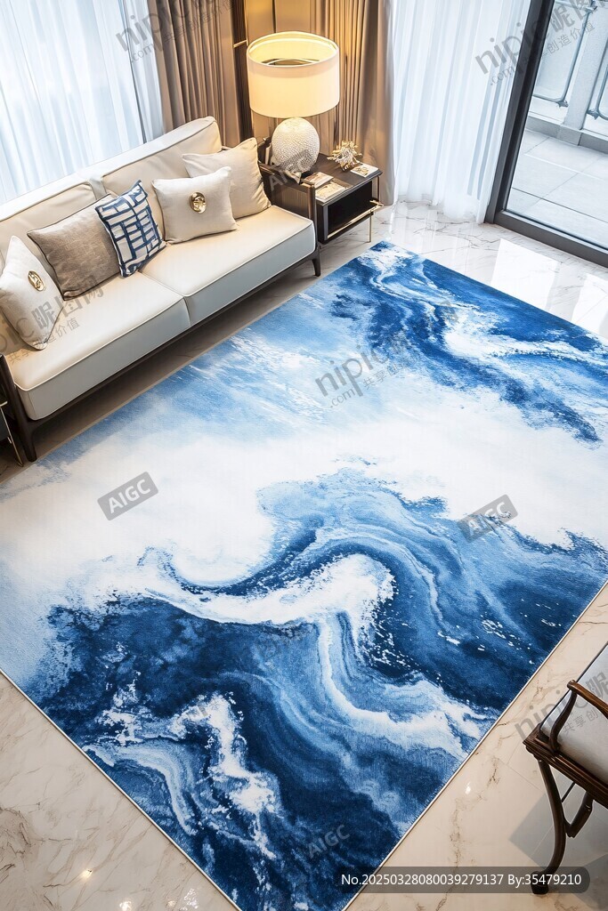 蓝色海浪风客厅地毯展示