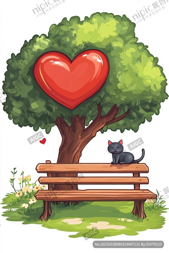 树下长椅旁的黑猫与爱心