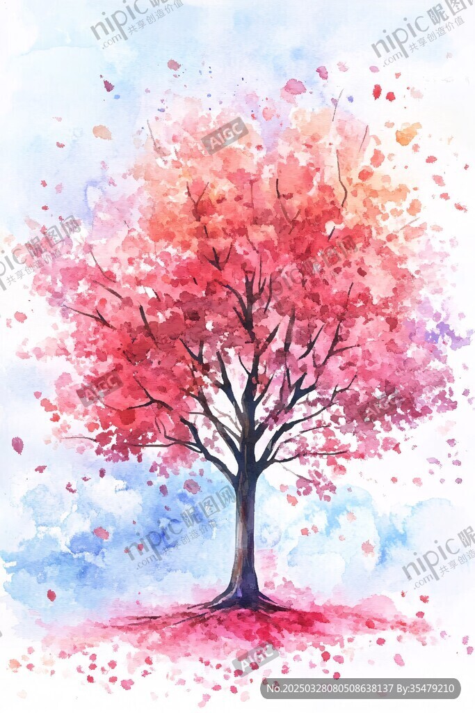 梦幻水彩绘就的烂漫樱花树