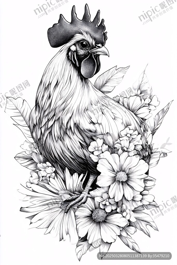 公鸡与花卉黑白插画