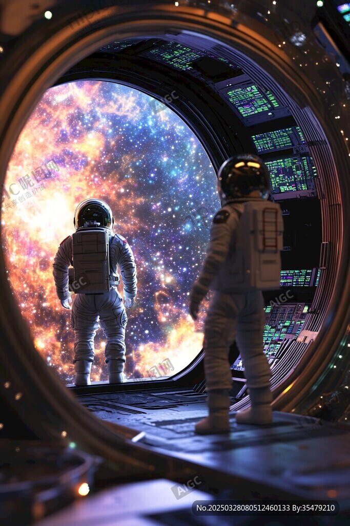 宇航员透过舷窗望璀璨星河