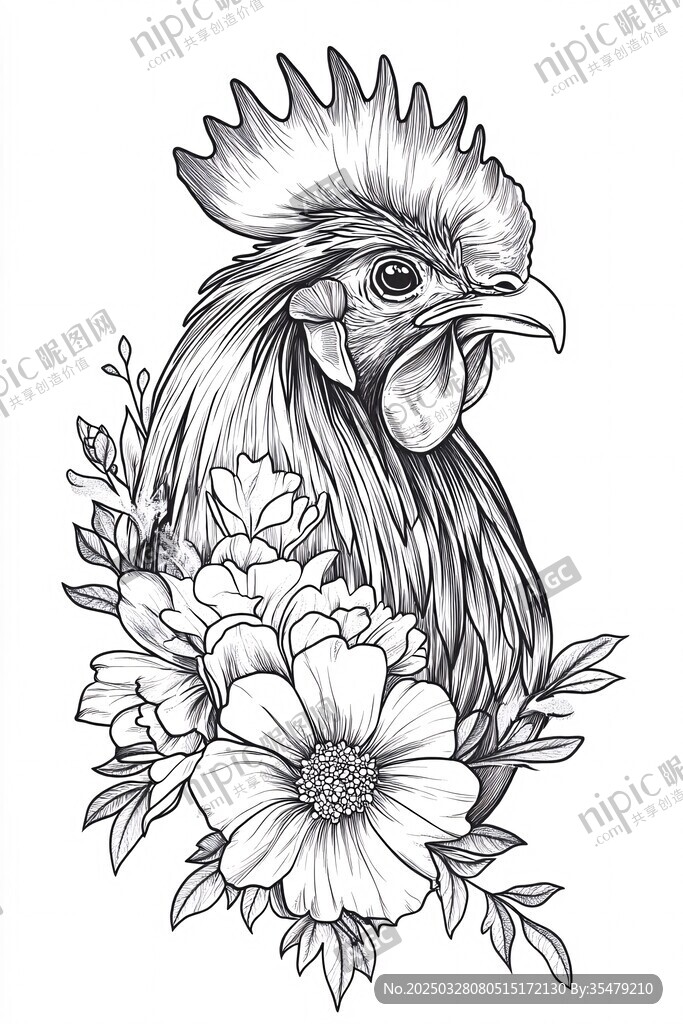 公鸡与花卉黑白插画