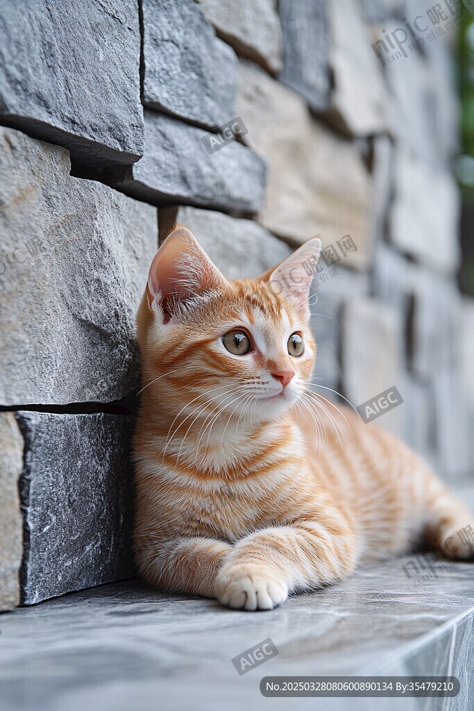 橘猫靠墙休憩的可爱瞬间