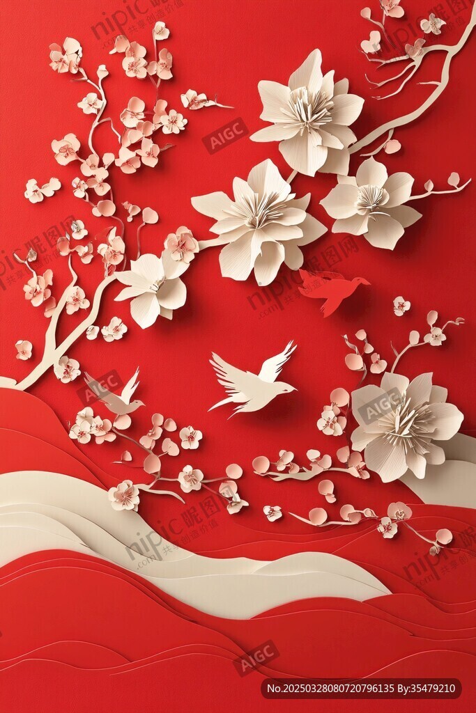 中式纸艺花鸟红底装饰画