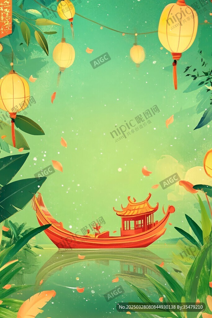 泛舟赏景 古风灯笼伴绿植