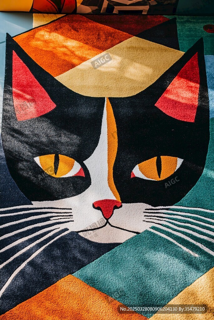 多彩几何图案中的猫咪形象