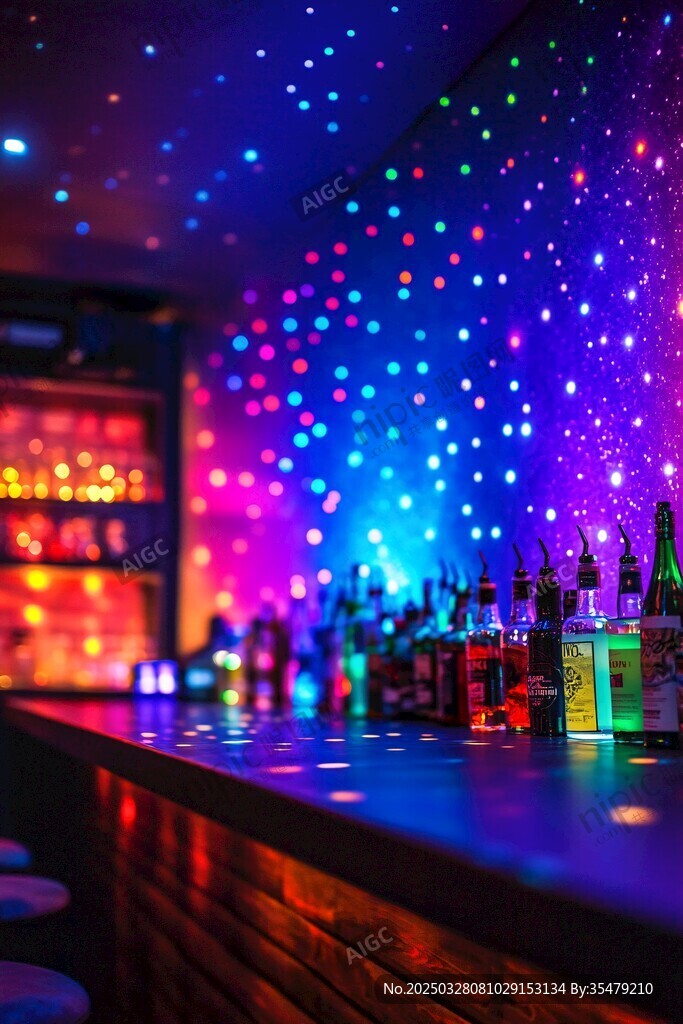 炫彩灯光下的酒吧吧台