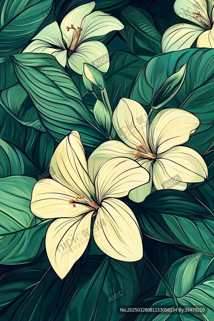 淡雅花卉与绿叶插画