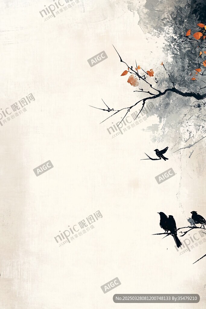 水墨枝头飞鸟图