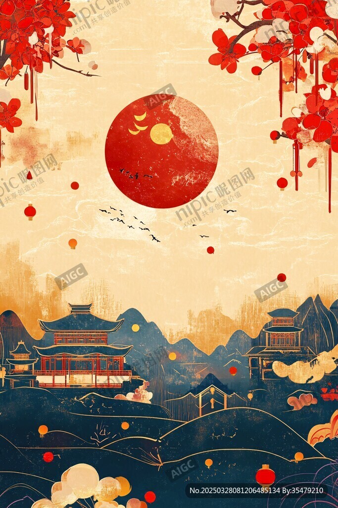 中秋月夜中式山水美景