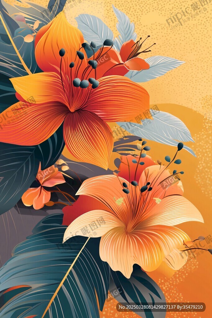 绚丽扶桑花与繁茂绿叶