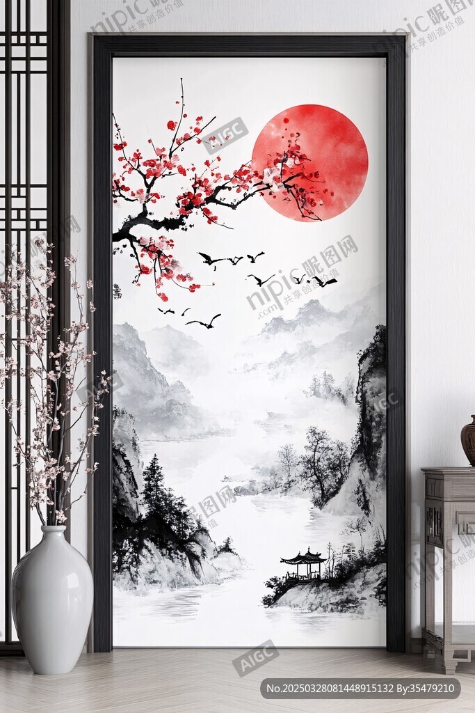 中式山水红梅圆月门饰图