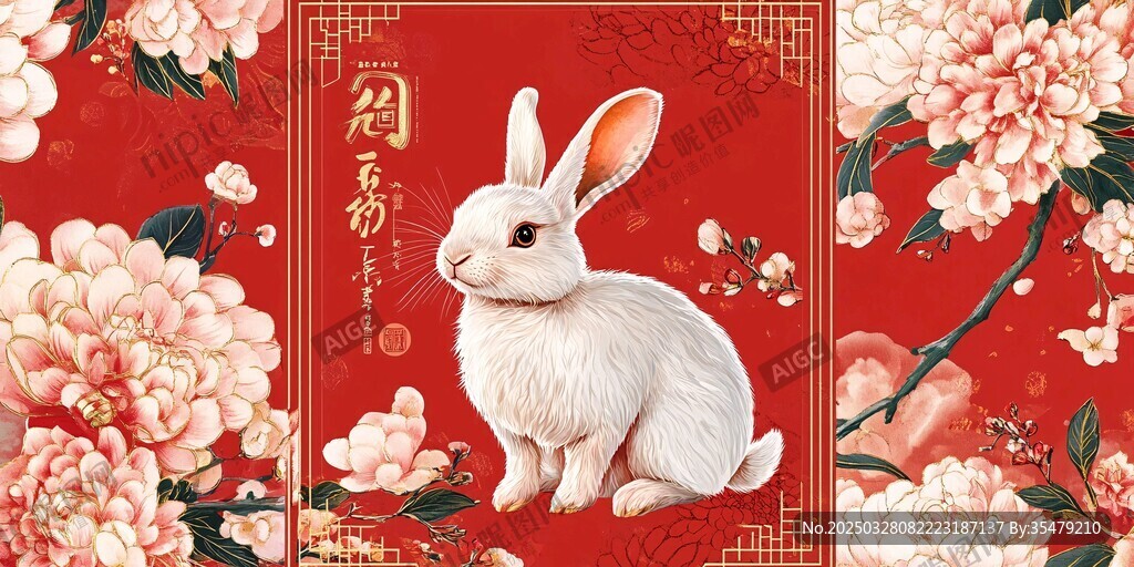 兔年新春 白兔伴繁花
