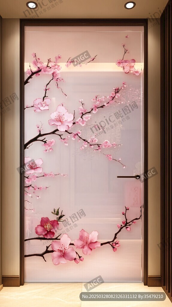 粉色桃花艺术玻璃门装饰