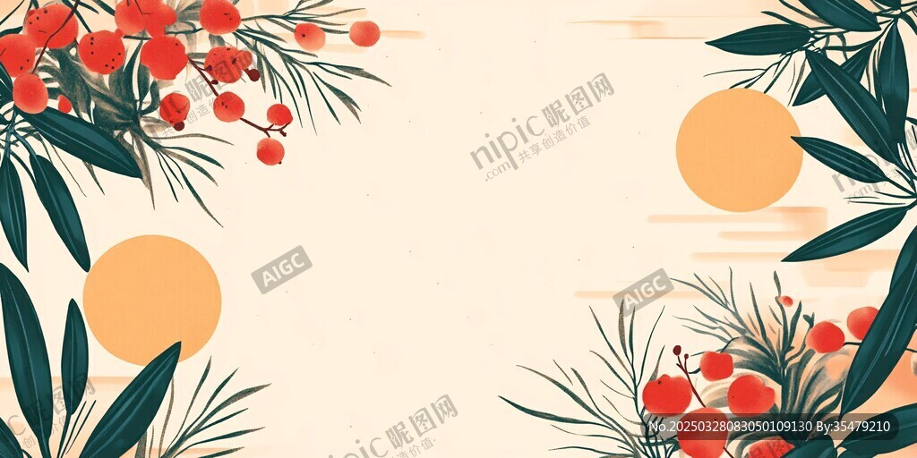 中式植物与落日边框插画