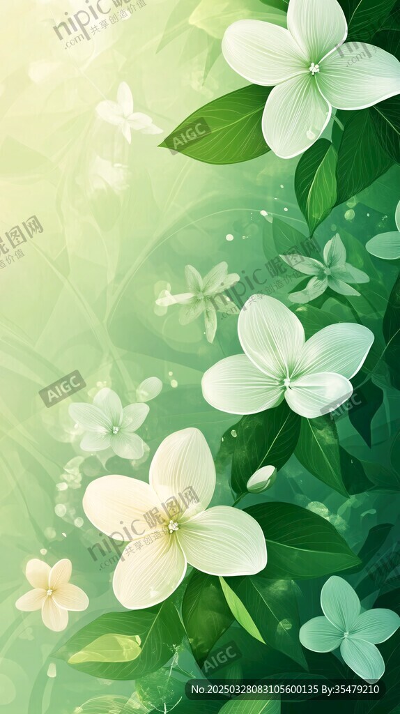 清新绿叶白花梦幻背景图