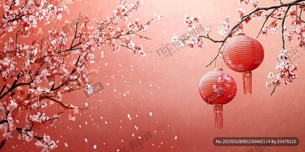 春日桃花红灯笼喜庆图景
