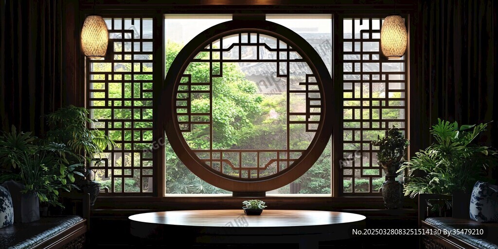 中式圆窗茶室静谧景致
