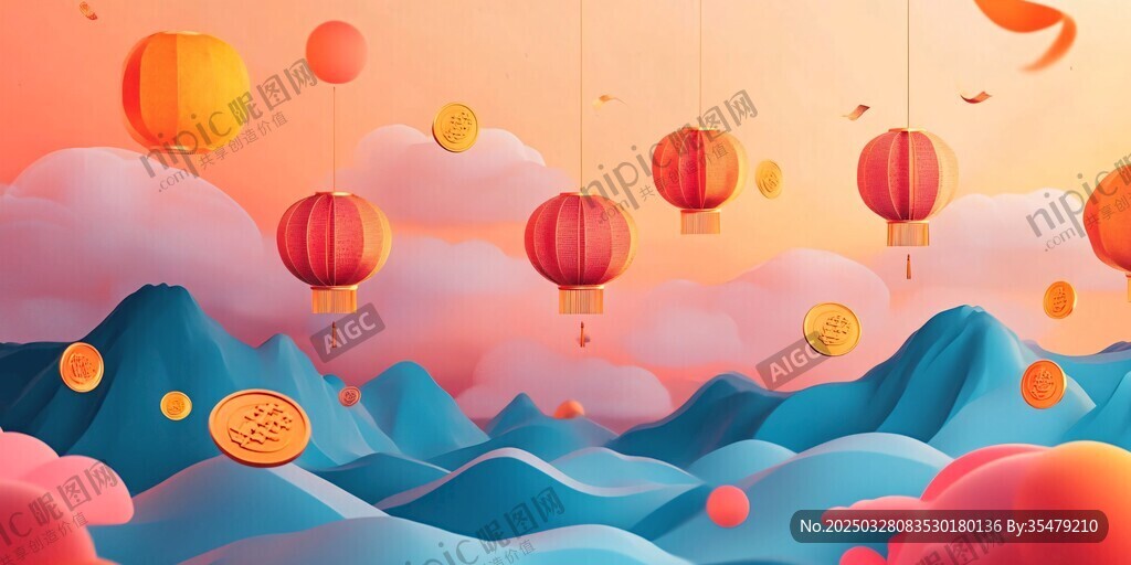 梦幻山水间的灯笼与福币