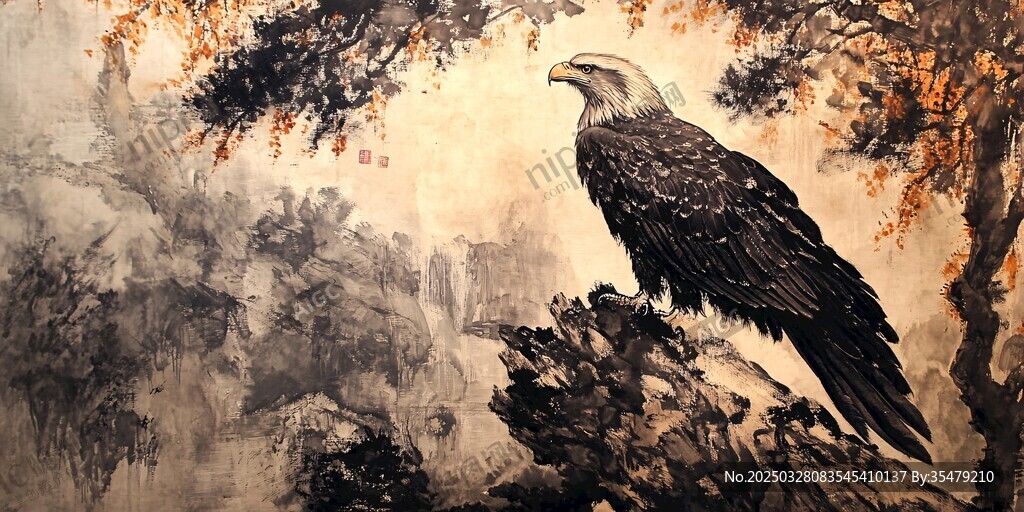 雄鹰立于山林间图景
