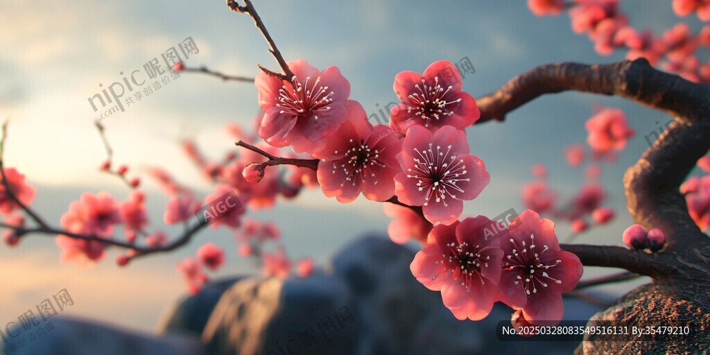 春日绽放的艳丽红梅枝头