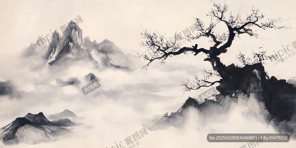 水墨孤松映远山