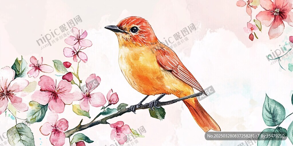 枝头彩鸟伴繁花