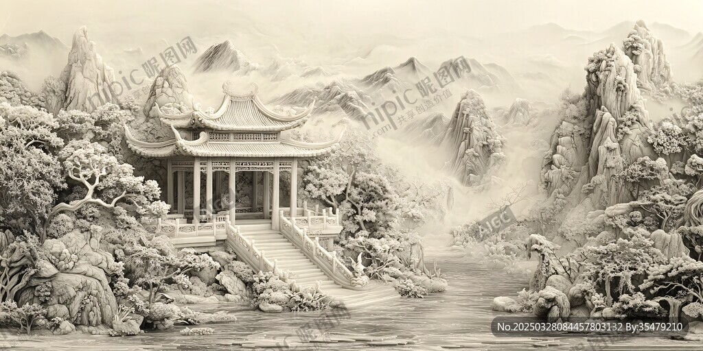 水墨山水间的雅致亭阁
