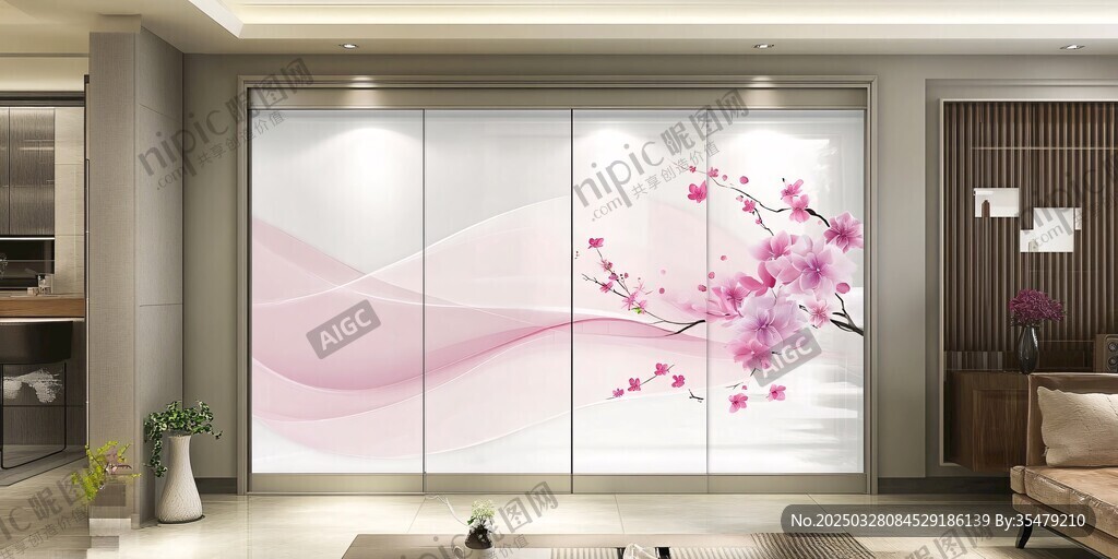 粉色樱花背景墙 唯美客厅风