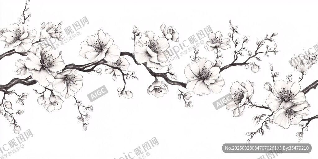 水墨风花卉枝头插画