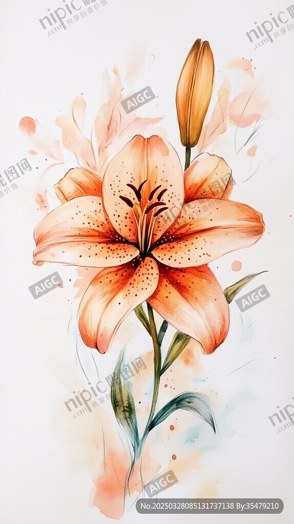 橙色百合花水彩插画