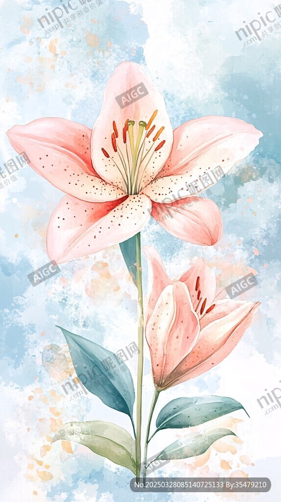 粉色百合花水彩画艺术图