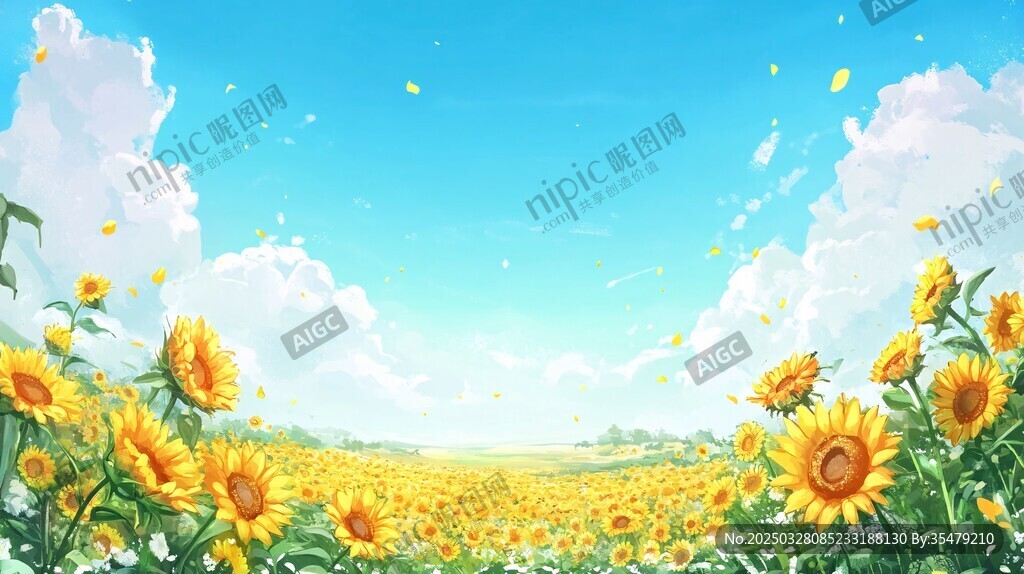 向日葵花海的梦幻蓝天