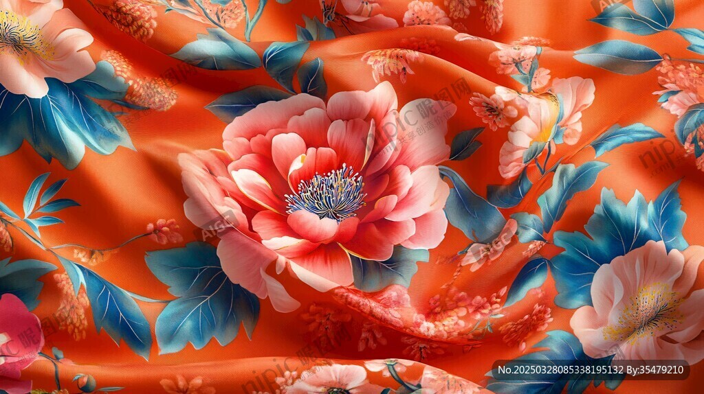 橙底繁花丝绸布料
