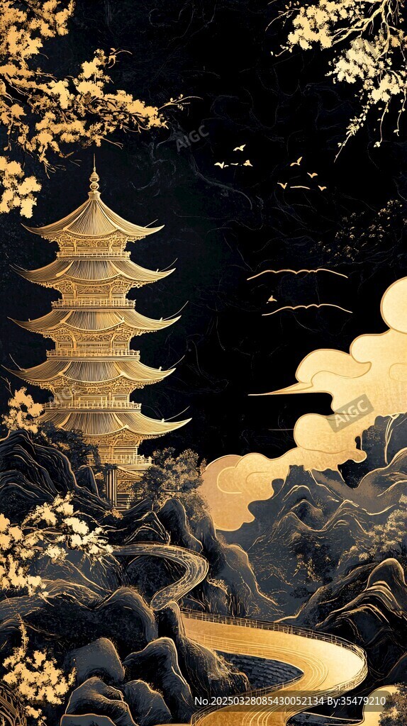 金色古风山水间的宝塔
