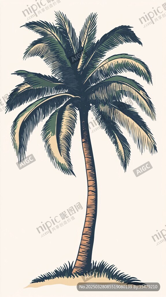 手绘单棵椰子树插画
