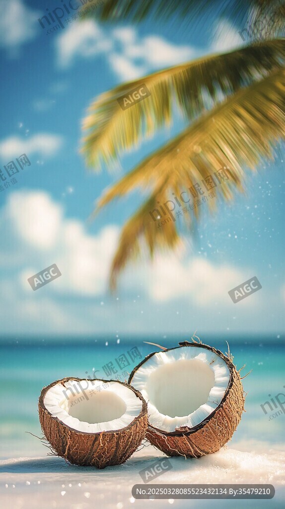 海滩上的切开椰子