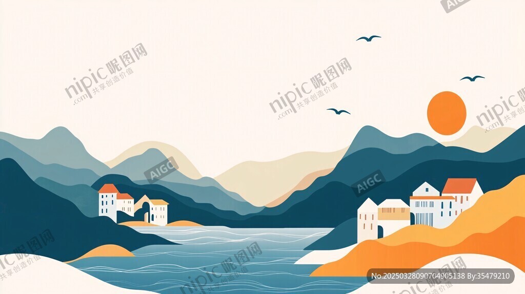 湖畔山村美景