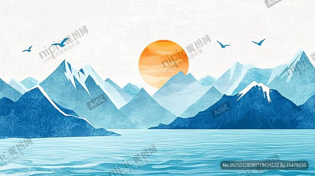 日出山水间飞鸟伴美景