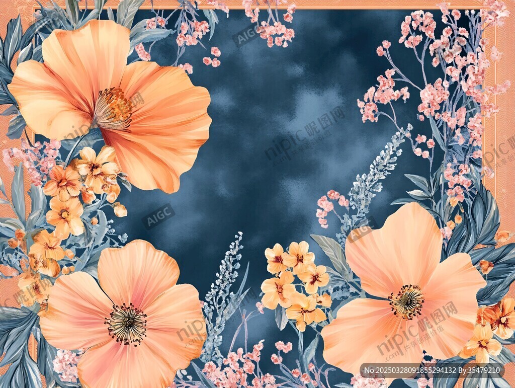 橙花蓝底花卉装饰图案