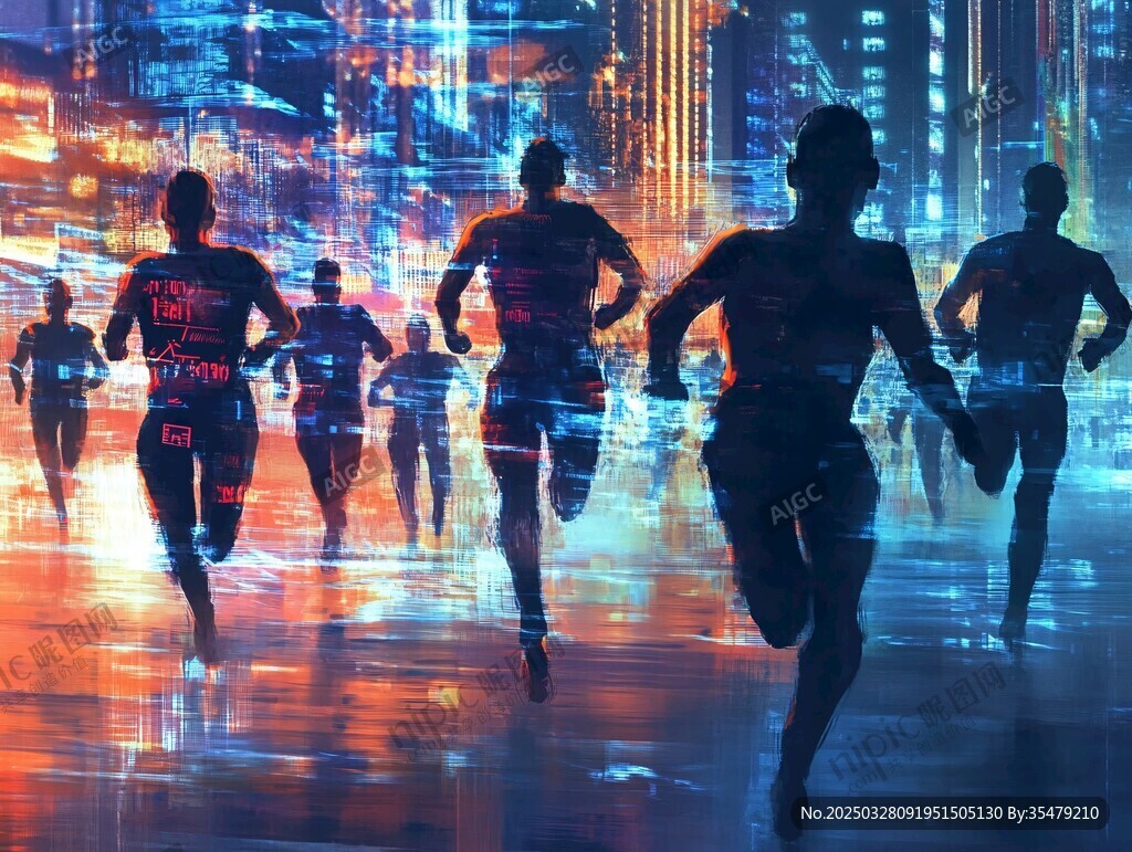 科技感城市夜跑人群剪影