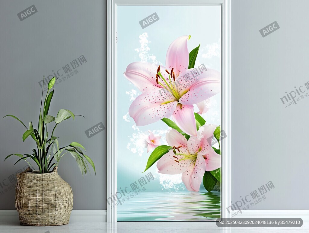 粉色百合花门贴装饰画