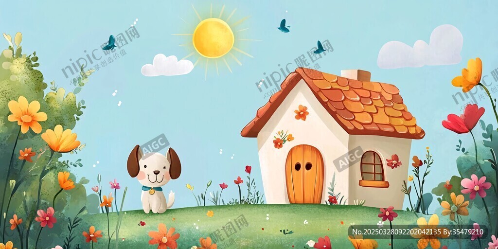 田园小狗与小屋的美好画面