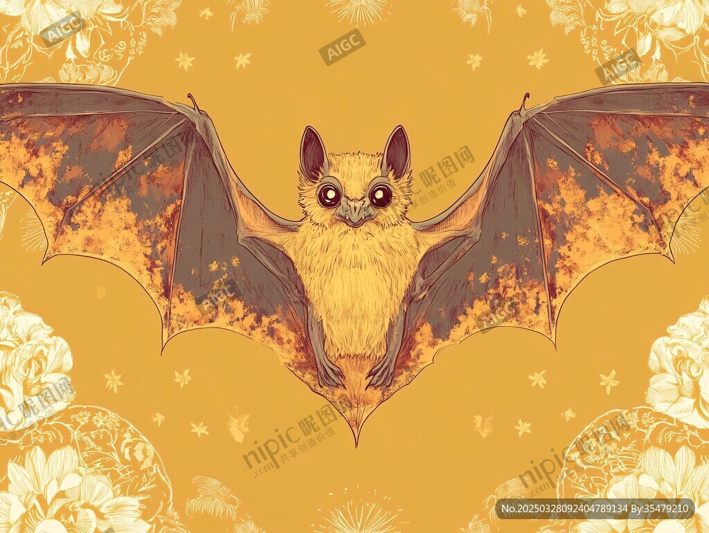 可爱蝙蝠插画 花卉背景