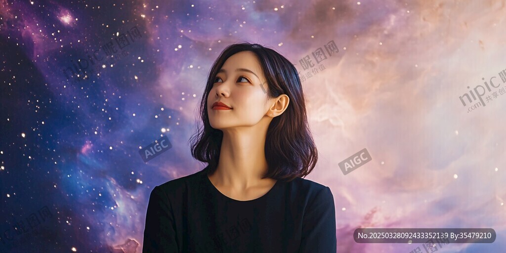 仰望星空的沉思女性